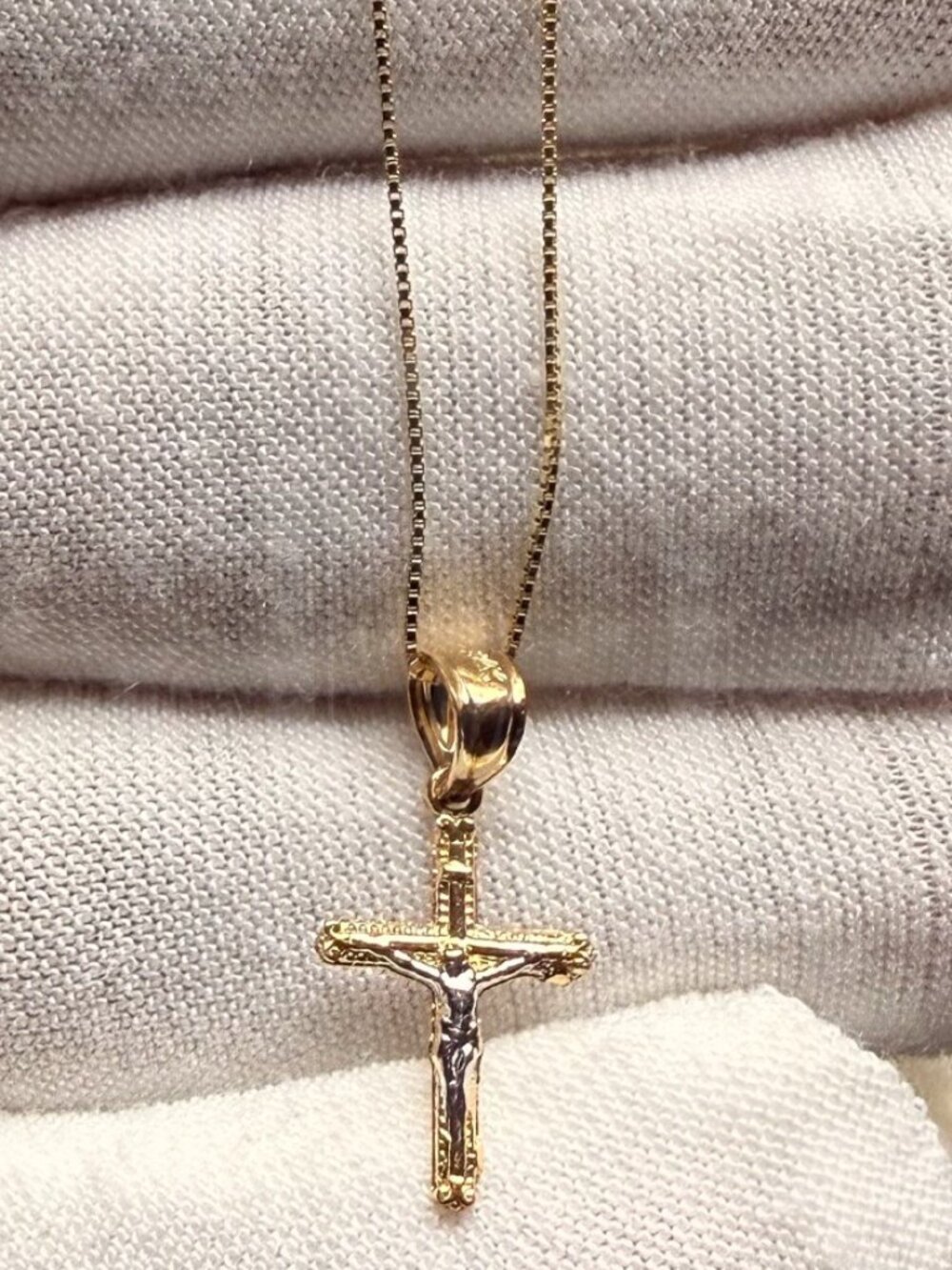14K Two Tone Gold Tiny Crucufix Pendant With 0.8mm Box Chain - 16 inch